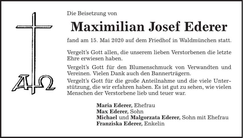 Traueranzeige Josef Ederer