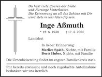 Traueranzeige Inge Aßmuth