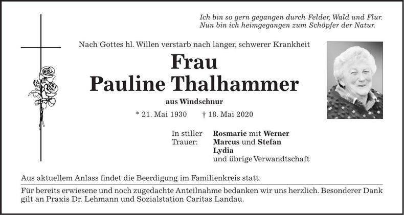 Traueranzeige Pauline Thalhammer
