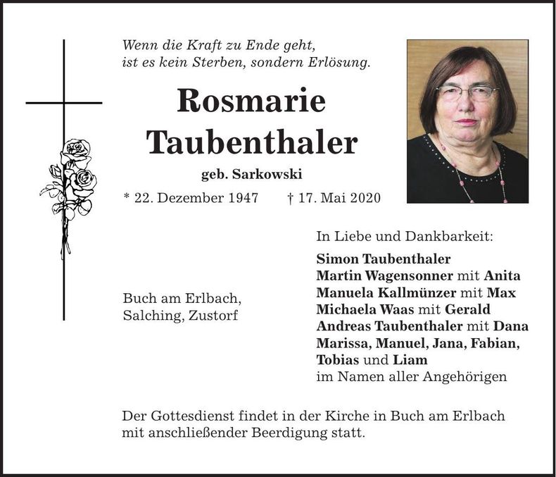 Traueranzeige Rosmarie Taubenthaler