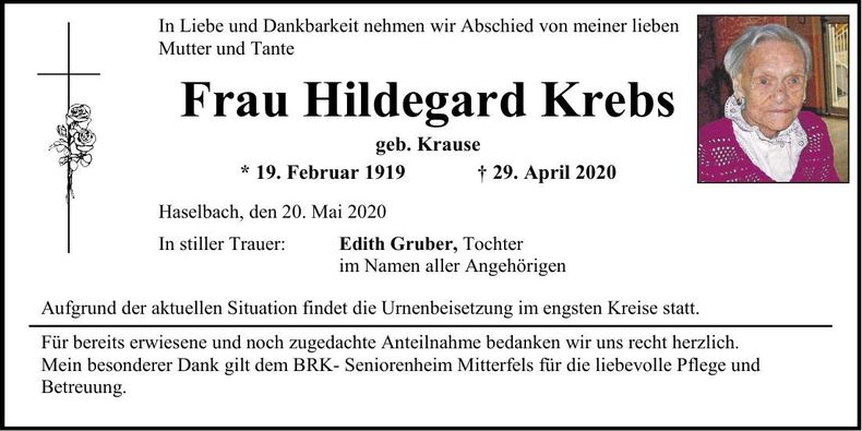 Traueranzeige Hildegard Krebs