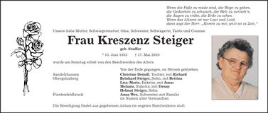 Traueranzeige Kreszenz Steiger