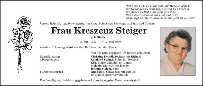 Traueranzeige Kreszenz Steiger