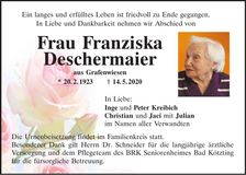 Traueranzeige Franziska Deschermaier