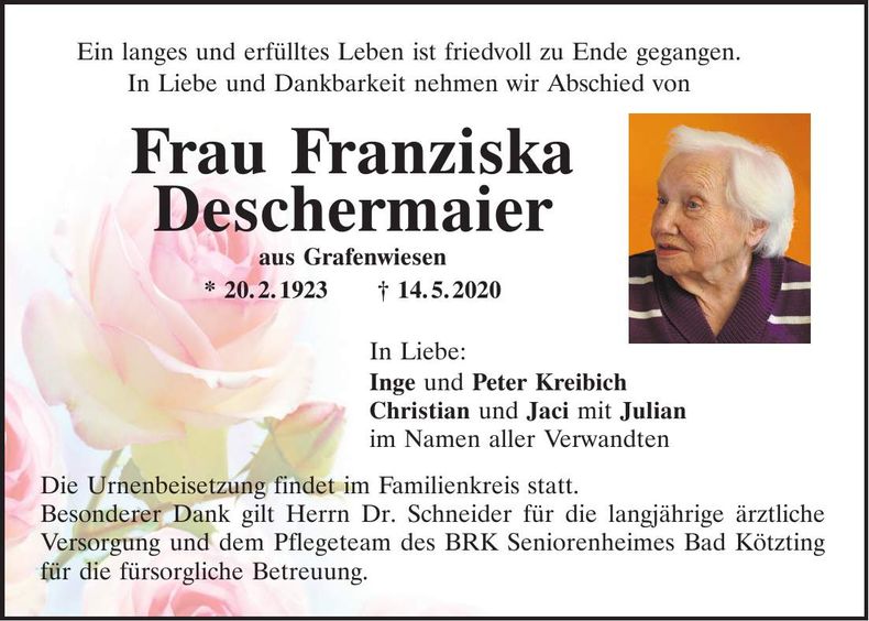 Traueranzeige Franziska Deschermaier