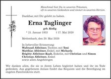 Traueranzeige Erna Taglinger