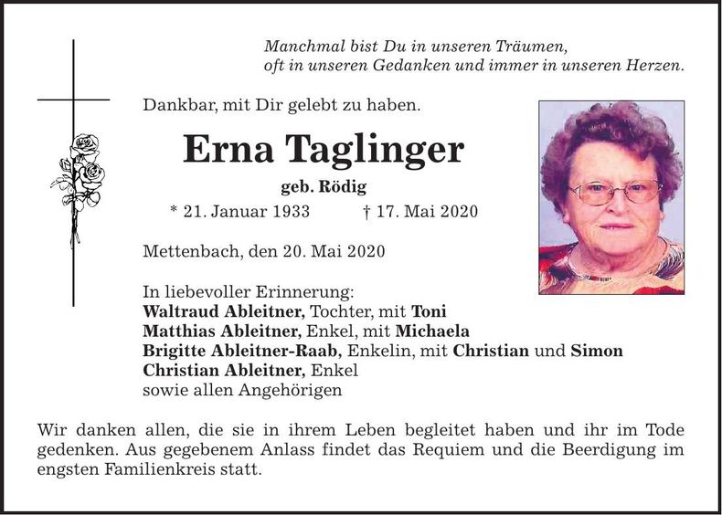 Traueranzeige Erna Taglinger