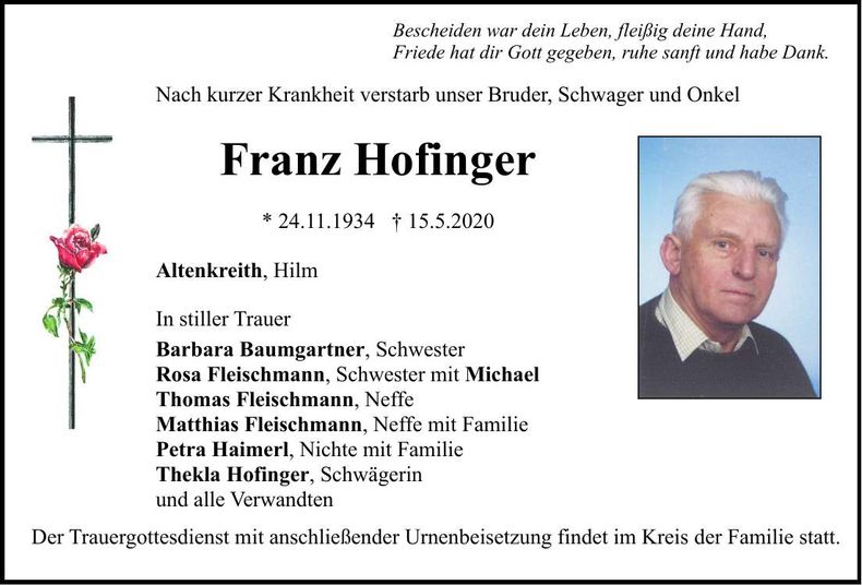 Traueranzeige Franz Hofinger
