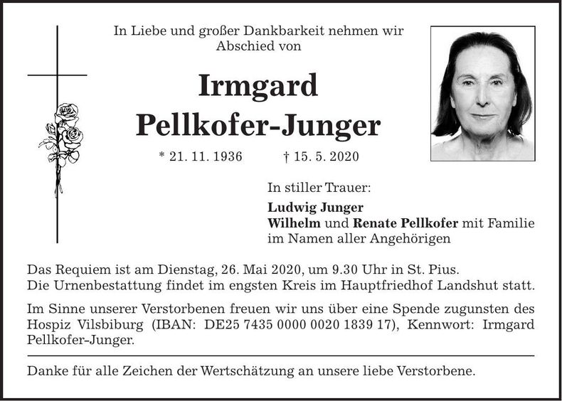 Traueranzeige Irmgard Pellkofer-Junger
