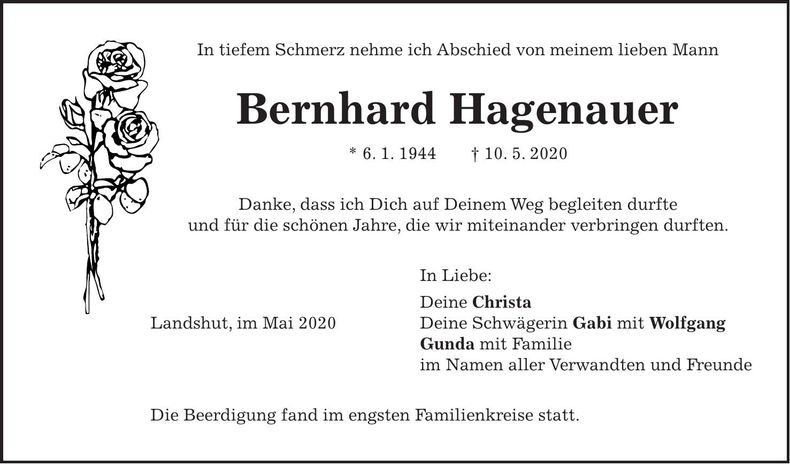 Traueranzeige Bernhard Hagenauer