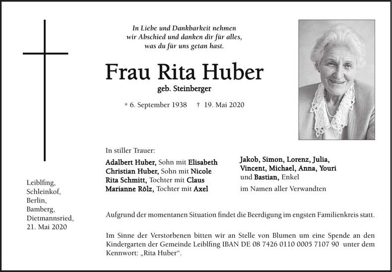 Traueranzeige Rita Huber