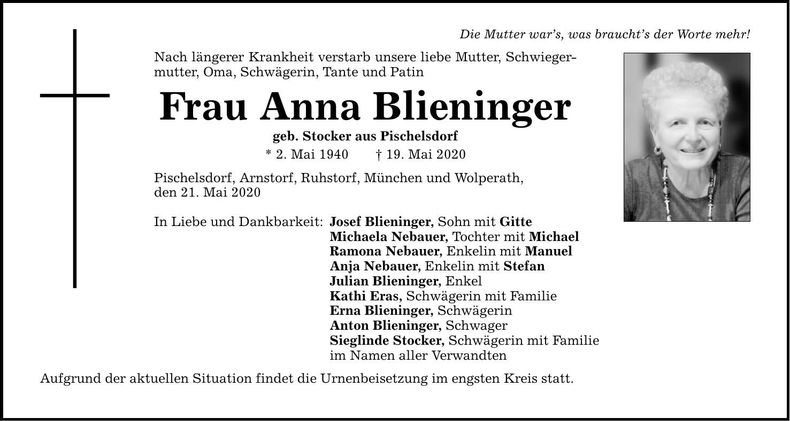 Traueranzeige Anna Blieninger