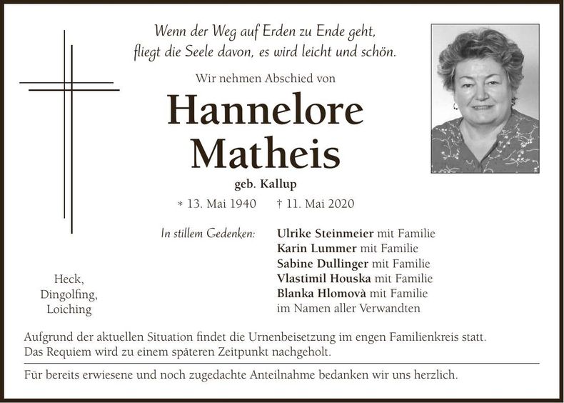 Traueranzeige Hannelore Matheis