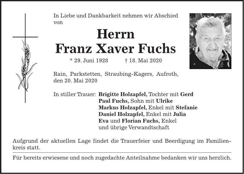 Traueranzeige Franz Xaver Fuchs