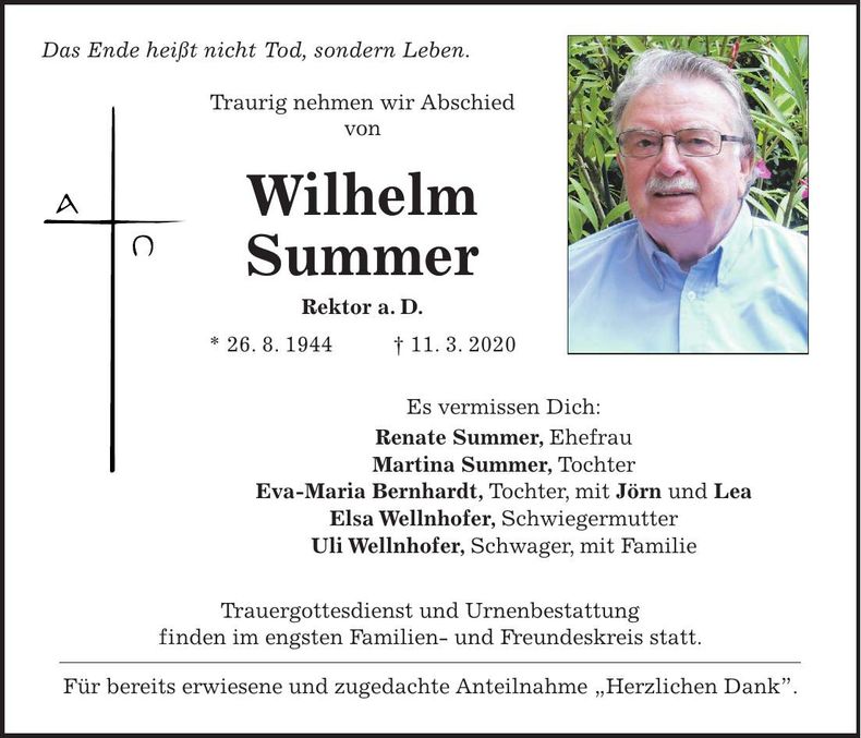 Traueranzeige Wilhelm Summer