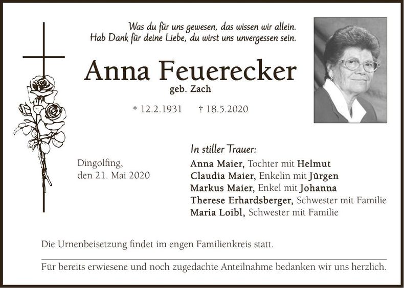 Traueranzeige Anna Feuerecker