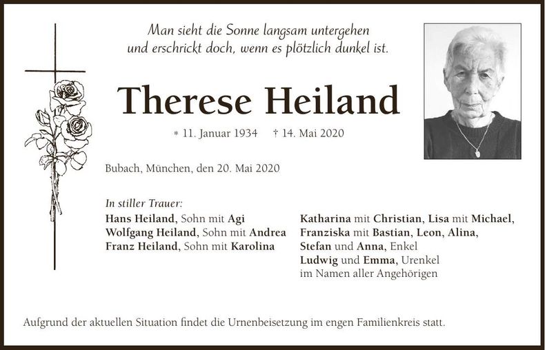 Traueranzeige Therese Heiland