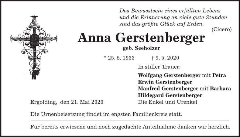Traueranzeige Anna Gerstenberger
