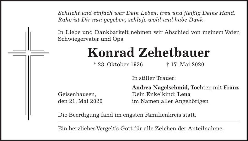 Traueranzeige Konrad Zehetbauer