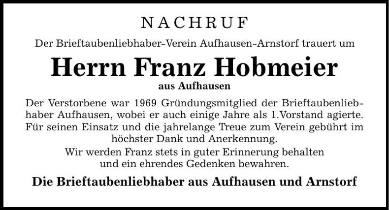 Traueranzeige Franz Hobmeier