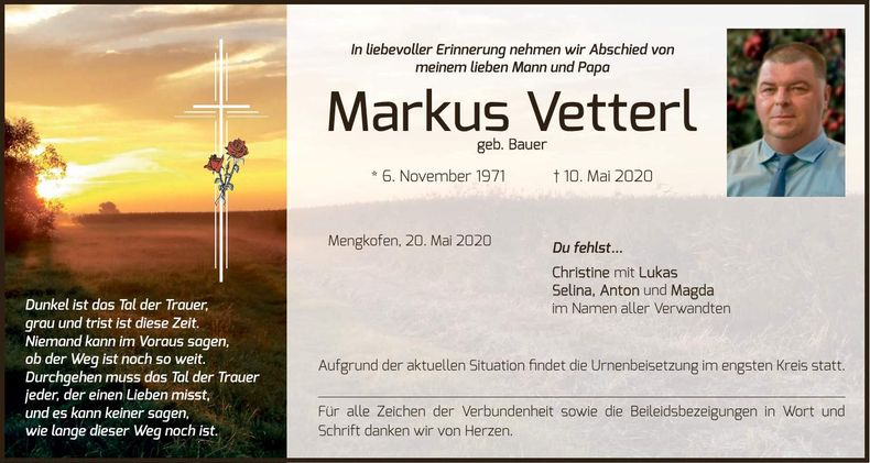 Traueranzeige Markus Vetterl