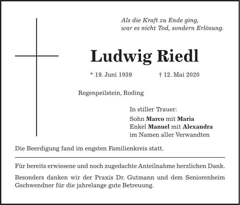Traueranzeige Ludwig Riedl