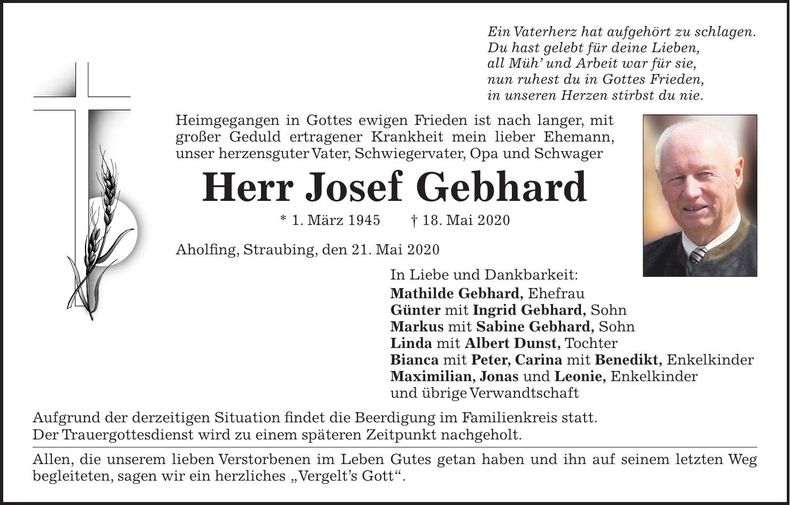 Traueranzeige Josef Gebhard