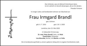 Traueranzeige Irmgard Brandl