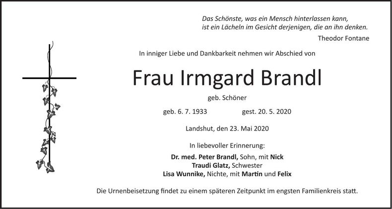 Traueranzeige Irmgard Brandl