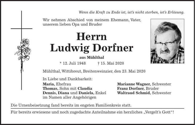 Traueranzeige Ludwig Dorfner