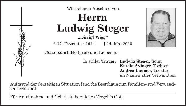 Traueranzeige Ludwig Steger