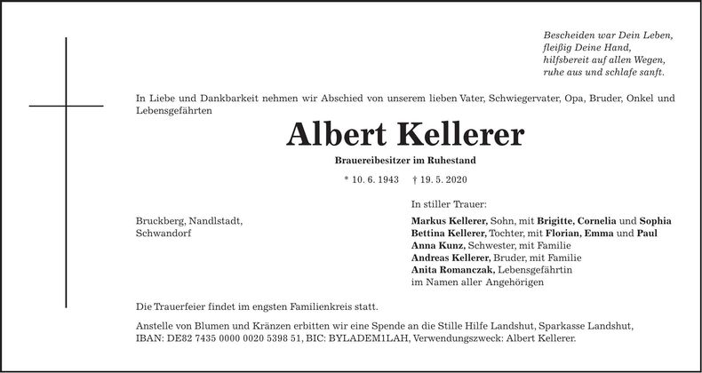 Traueranzeige Albert Kellerer