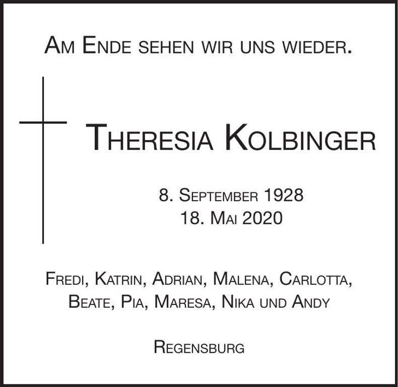 Traueranzeige Theresia Kolbinger