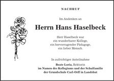 Traueranzeige Hans Haselbeck