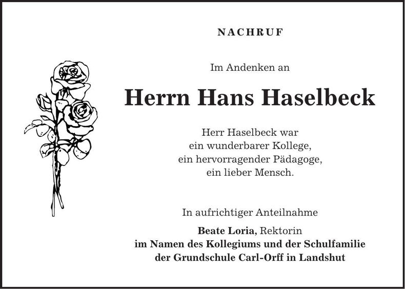 Traueranzeige Hans Haselbeck
