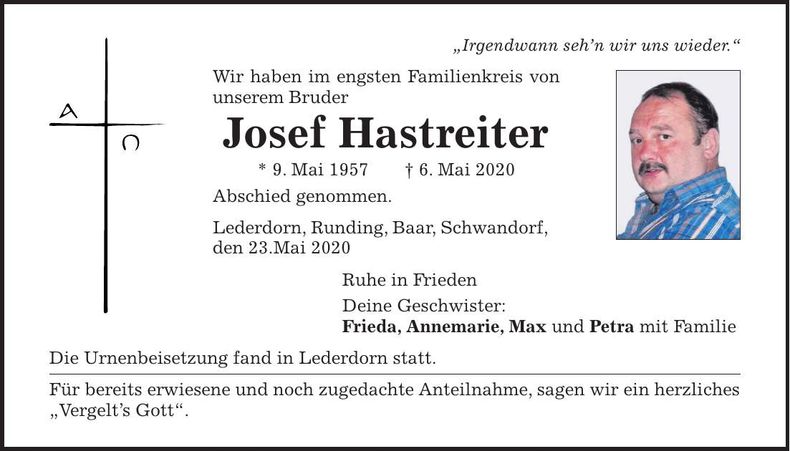 Traueranzeige Josef Hastreiter