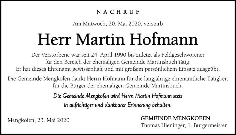 Traueranzeige Martin Hofmann