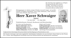 Traueranzeige Xaver Schwaiger
