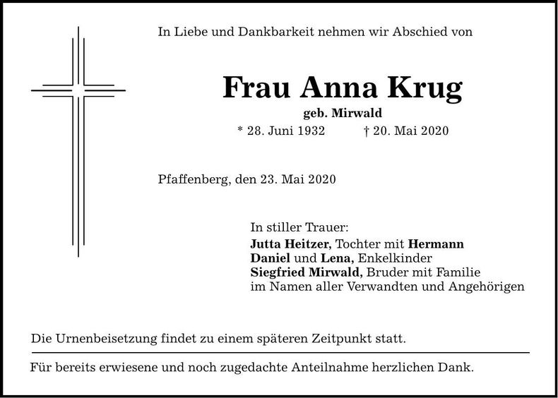Traueranzeige Anna Krug