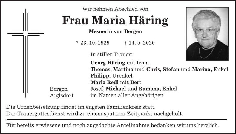 Traueranzeige Maria Häring