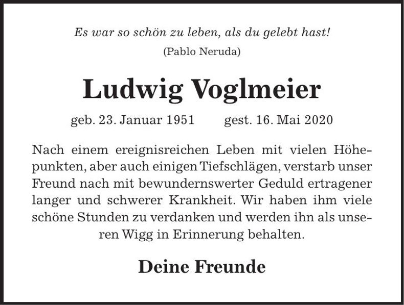 Traueranzeige Ludwig Voglmeier