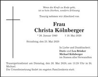 Traueranzeige Christa Kölnberger