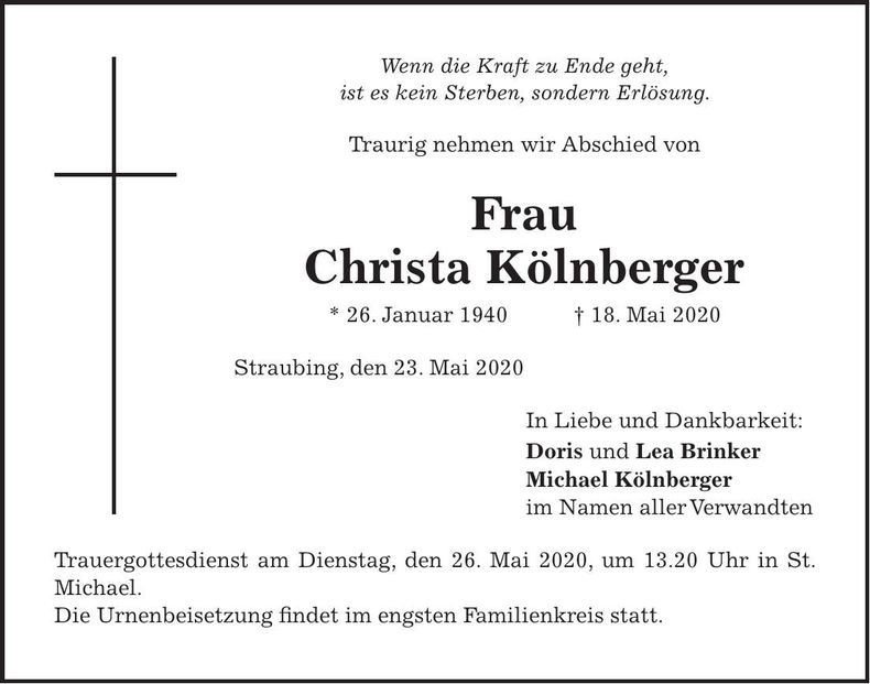 Traueranzeige Christa Kölnberger