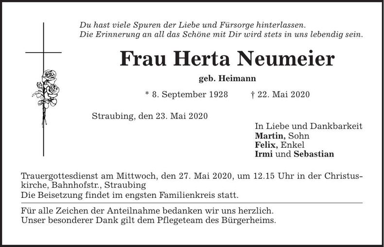 Traueranzeige Herta Neumeier
