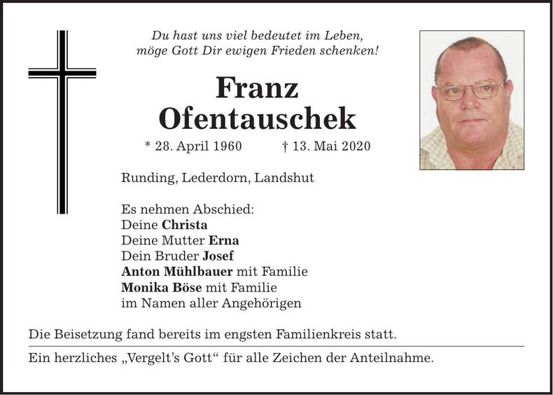 Traueranzeige Ofentauschek Franz