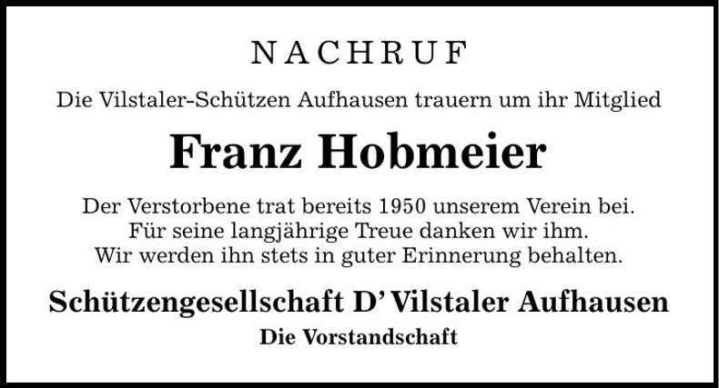 Traueranzeige Franz Hobmeier