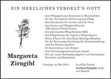Traueranzeige Margareta Zirngibl