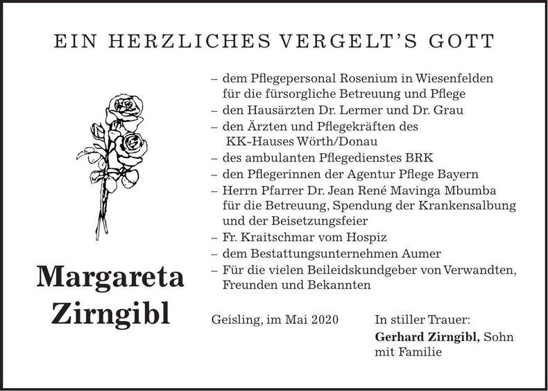 Traueranzeige Margareta Zirngibl