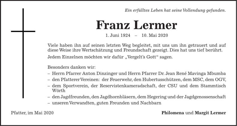 Traueranzeige Franz Lermer