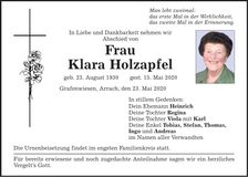 Traueranzeige Klara Holzapfel